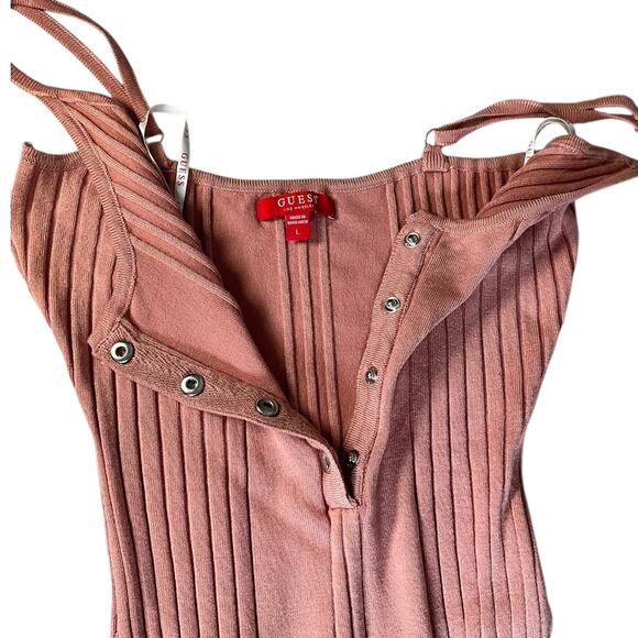 GUESS Blush Pink Size Large Ribbed Soft Stretchy Silver Functional Buttons Thick - Picture 7 of 10